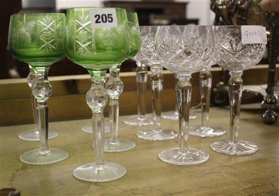 6 cut glass Hock glasses and 5 green Hock glasses